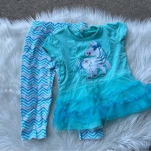 Bumble & Birdie Teal Blue Unicorn Short Sleeve Tutu Top and Chevron Matching Set